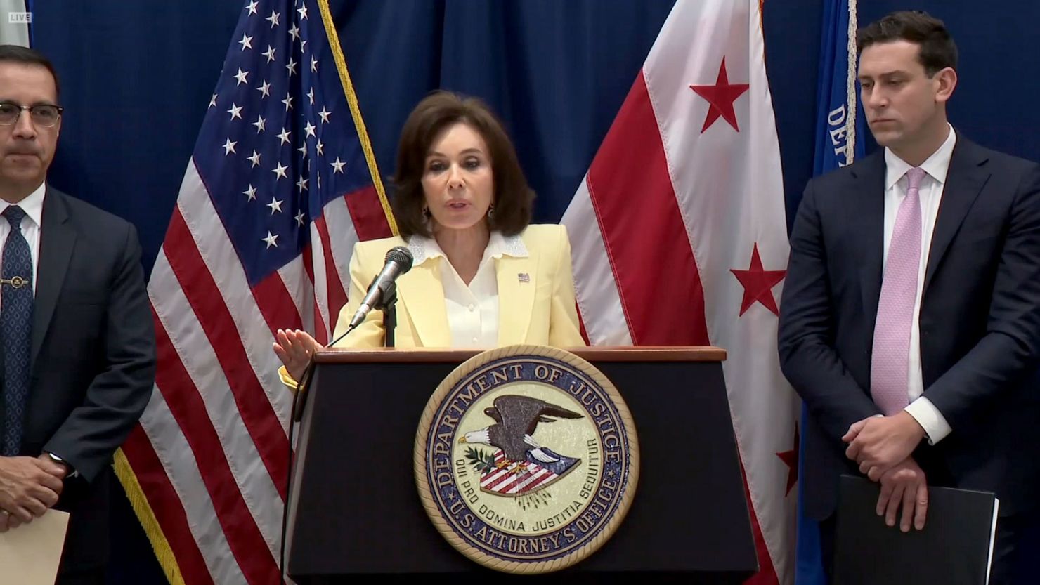 Jeanine Pirro, the interim US attorney for the District of Columbia, speaks during a Department of Justice press conference on Wednesday, June 18.