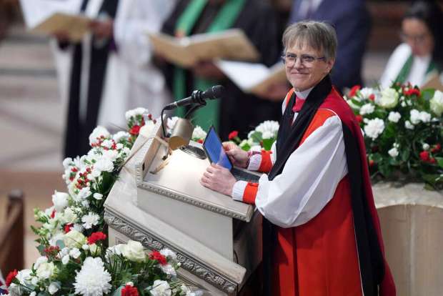 Rev. Mariann Budde leads the national prayer service attended by President Donald Trump at the Washington National Cathedral, Tuesday, Jan. 21, 2025, in Washington. (AP Photo/Evan Vucci)