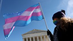 A transgender rights supporter takes part in a rally outside of the US Supreme Court as the high court hears arguments in a case on transgender health rights on December 4, 2024 in Washington, DC.