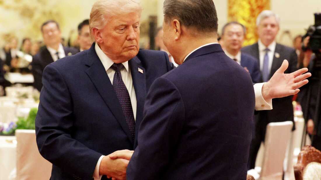 President Trump shakes hands with Chinese President Xi Jinping during a state banquet at the Great Hall of the People on May 14, 2026, in Beijing.