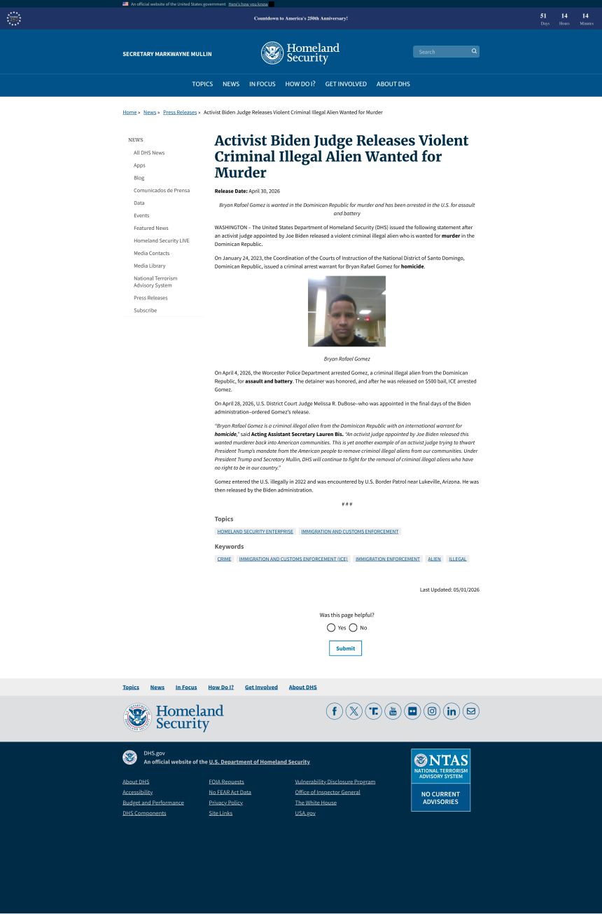 This screengrab from the Department of Homeland Security website shows a press release about shares a press release US District Judge Melissa DuBose, <a href=